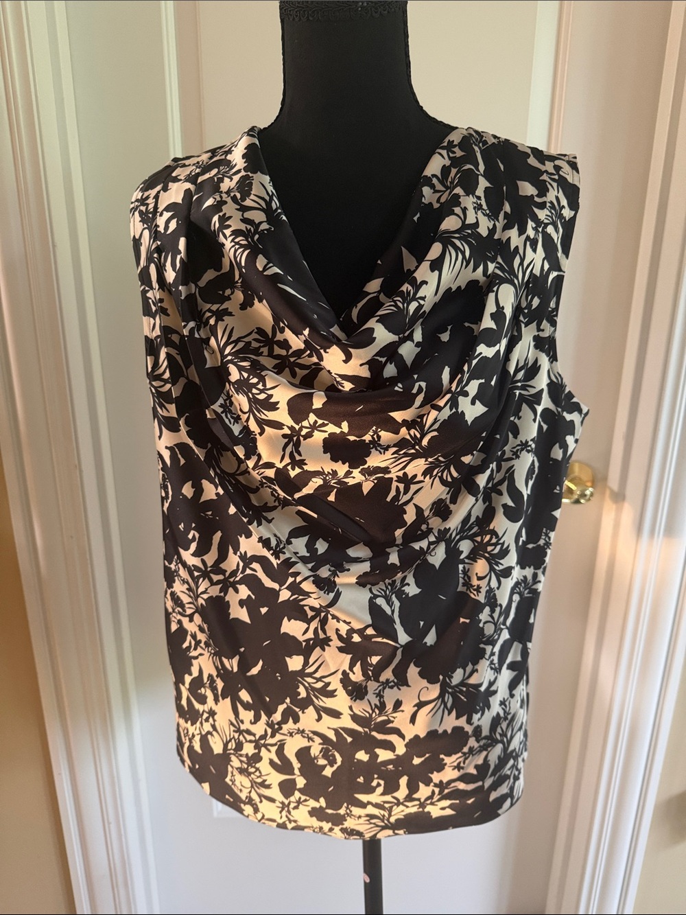 INC Women’s Black and Cream Floral Draped Neck Top